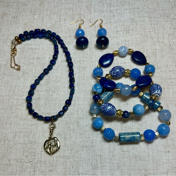 Lapis Blue Beaded Bee Charm Necklace - Boho Statement Jewelry - Picture 6 of 6